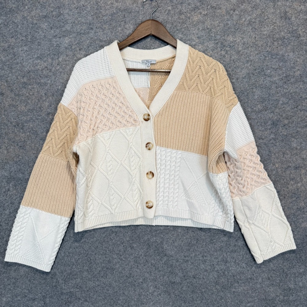 Rails Reese Cardigan Sweater Womens Medium Patchwork Cable Knit Cream Colorblock
